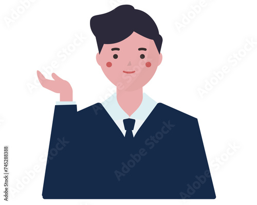 こちらですと手を添えて紹介をするビジネスマン。ベクターイラスト