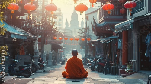 detachment and disconnect concept Buddhist monk meditating amidst busy street photo