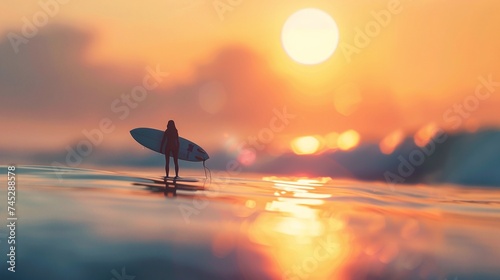 portrait of girl surfer holding board at sunset on the beach