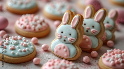 Delightful Easter cookies shaped like bunnies with pastel icing and coordinating candy pearls on a festive table setting. © Fostor