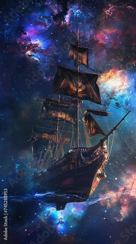 A pirate ship sails through the cosmos its crew using advanced UI to navigate through VR starscapes and alien ecologies