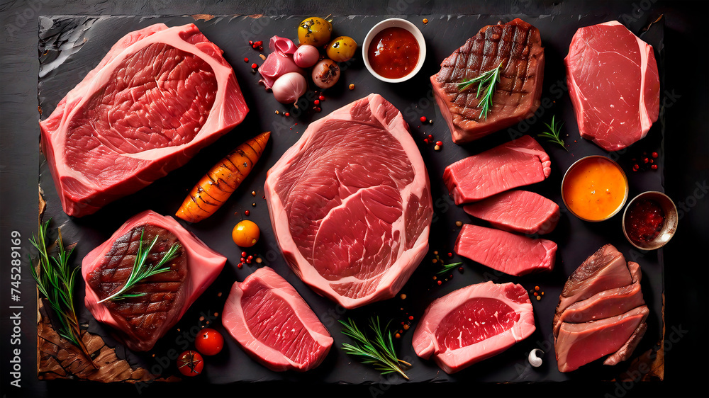 Sumptuous Symphony: A Captivating Culinary Canvas of Prime Beef Steaks and Luscious Raw Cuts on a Rustic, Dark Table Sumptuous Symphony: A Captivating Culinary Canvas of Prime Beef Steaks and Luscious Raw Cuts on a Rustic, Dark Table