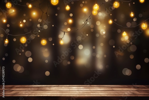 Night garden. wood table with decorative fairy lights hanging on tree, bokeh background setting