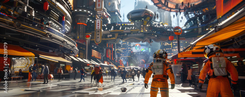 Astronauts exploring the heart of a bustling futuristic city where sci fi meets urban life in a vibrant display photo