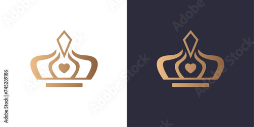 French crown logo with heart, minimal style logo mark. Golden gradient vector emblem logotype for business cards. Logo for singer and artists