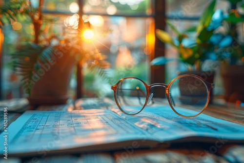 Vintage style reading glasses placed on an open book with warm glowing bokeh background in a cozy setting © Pinklife