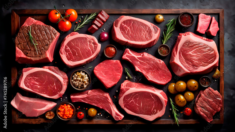Sumptuous Symphony: A Captivating Culinary Canvas of Prime Beef Steaks and Luscious Raw Cuts on a Rustic, Dark Table Sumptuous Symphony: A Captivating Culinary Canvas of Prime Beef Steaks and Luscious Raw Cuts on a Rustic, Dark Table