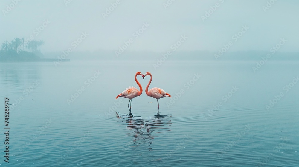 bird romance pink flamingos creating heart shape with their necks on beautiful lake