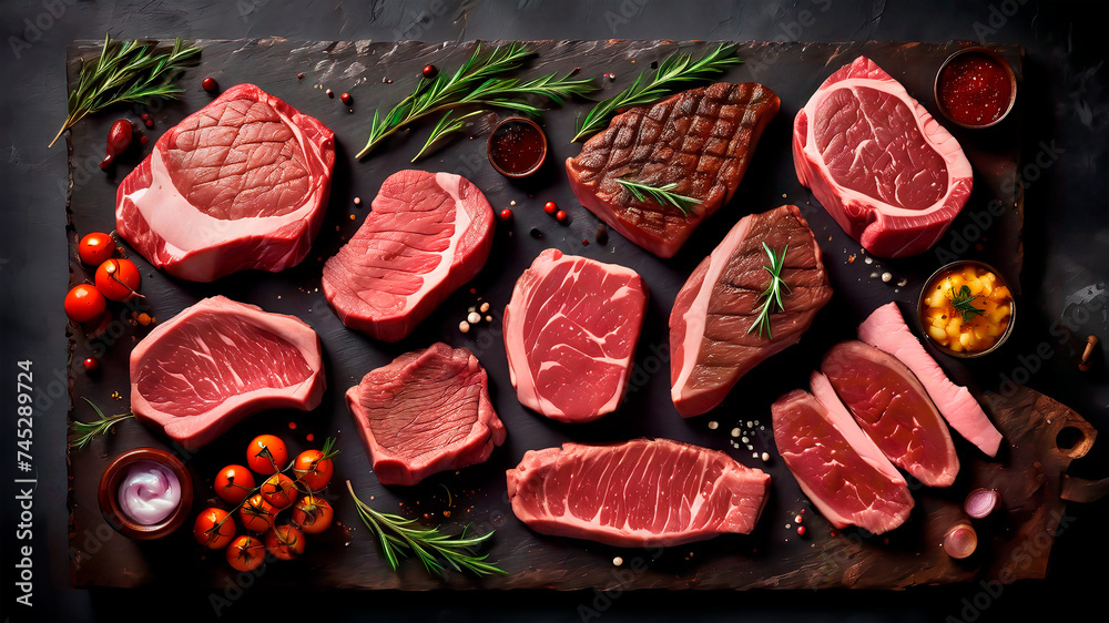 Sumptuous Symphony: A Captivating Culinary Canvas of Prime Beef Steaks and Luscious Raw Cuts on a Rustic, Dark Table Sumptuous Symphony: A Captivating Culinary Canvas of Prime Beef Steaks and Luscious Raw Cuts on a Rustic, Dark Table