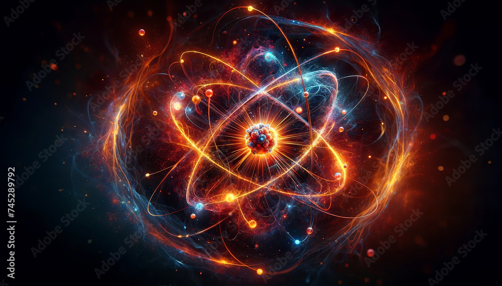 Abstract representation of an atom with electrons orbiting around a nucleus, glowing with energy and vibrant colors against a dark background.Scientific background concept. AI generated. Abstract representation of an atom with electrons orbiting around a nucleus, glowing with energy and vibrant colors against a dark background.Scientific background concept. AI generated.