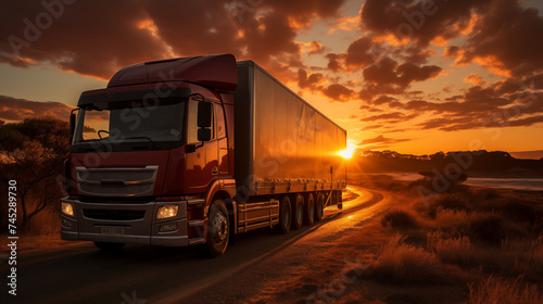 Semi truck driving on highway at sunset, concept cargo transportation and logistics.