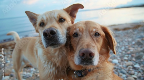 pet friendship cat and dog enjoy beach together capturing selfie moment