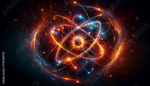 Abstract representation of an atom with electrons orbiting around a nucleus, glowing with energy and vibrant colors against a dark background.Scientific background concept. AI generated. photo