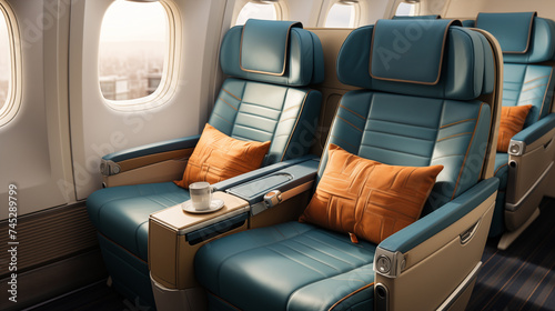 Luxury airplane cabin with comfortable leather seats and elegant interior design.
