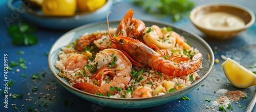 A bowl filled with succulent shrimp and fluffy white rice, garnished with a tangy lemon wedge. The dish is displayed on a vibrant backdrop, ready to be enjoyed.