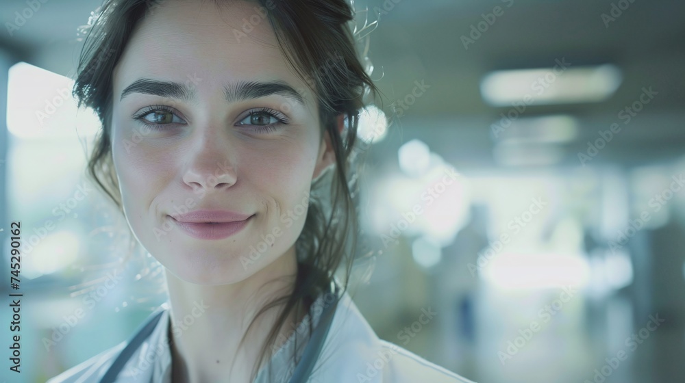 compassionate female doctor in hospital, standing and smiling, embodying the values of empathy and professionalism in healthcare compassionate female doctor in hospital, standing and smiling, embodying the values of empathy and professionalism in healthcare