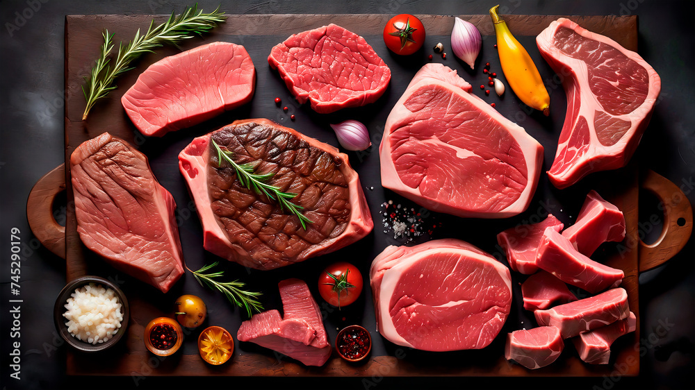 Sumptuous Symphony: A Captivating Culinary Canvas of Prime Beef Steaks and Luscious Raw Cuts on a Rustic, Dark Table Sumptuous Symphony: A Captivating Culinary Canvas of Prime Beef Steaks and Luscious Raw Cuts on a Rustic, Dark Table