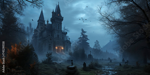 Gothic Castle with Moonlit Cemetery Scene photo