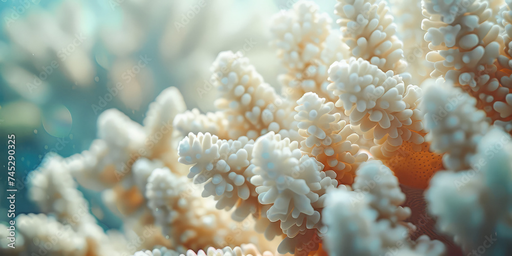 Fototapeta premium Coral Reef Ecosystem, Underwater Beauty. Close-up texture of coral reef polyps, intricate textures and colors of marine biodiversity, copy space background.