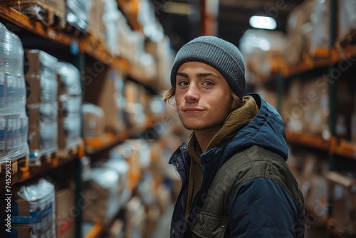 A male warehouse worker in casual winter attire standing confidently amongst the shelves