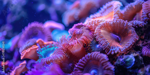 Coral Reef Ecosystem, Underwater Beauty. Close-up texture of coral reef polyps, intricate textures and colors of marine biodiversity, copy space background.