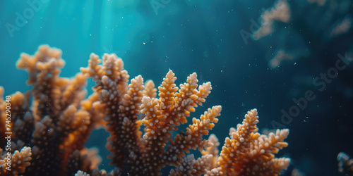 Coral Reef Ecosystem, Underwater Beauty. Close-up texture of coral reef polyps, intricate textures and colors of marine biodiversity, copy space background. © SnowElf