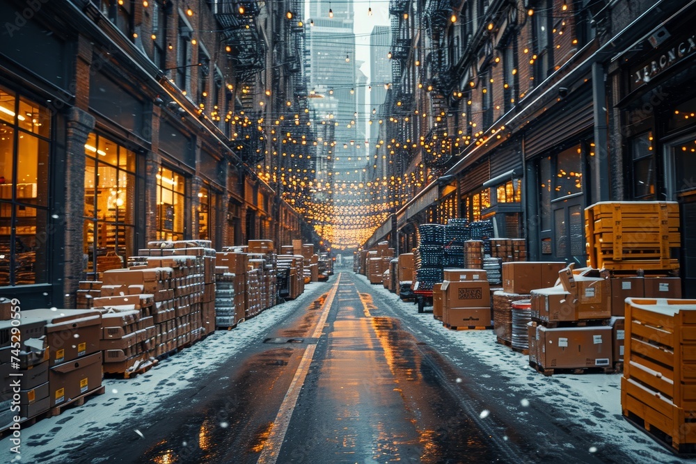 An enchanting snow-covered alley decorated with glowing lights above and scattered boxes on the side An enchanting snow-covered alley decorated with glowing lights above and scattered boxes on the side