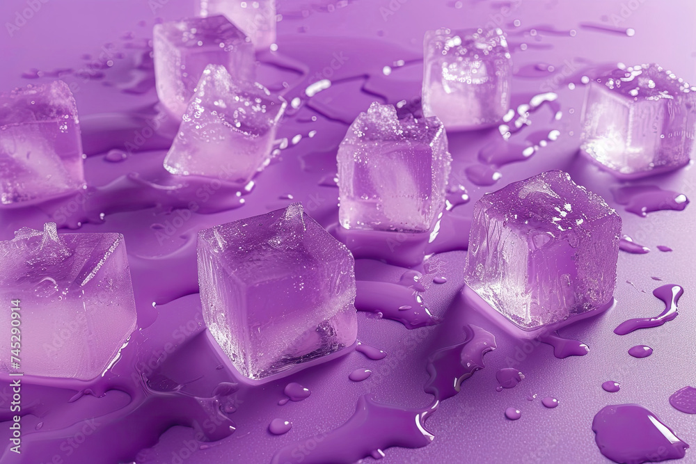 Ice Cubes on a Purple Surface With Water Droplets Ice Cubes on a Purple Surface With Water Droplets