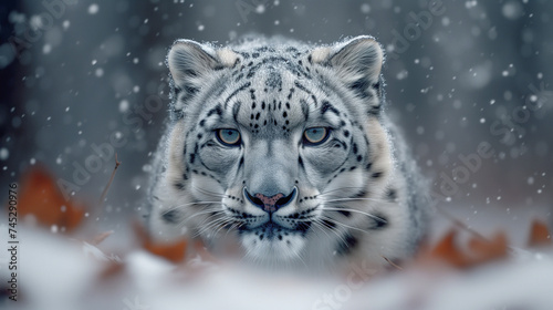 Beautiful snow leopard portrait, pc splash screen template. © Sunny_nsk