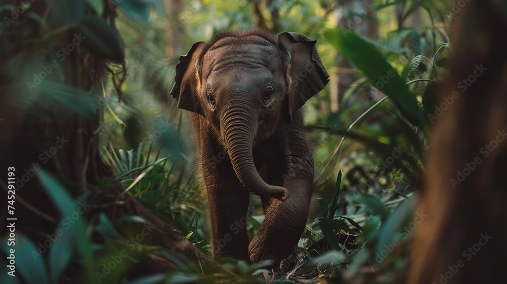 Fototapeta premium captivating scene of a baby elephant calf walking in the lush greenery of the forest, a heartwarming wildlife adventure in its natural habitat