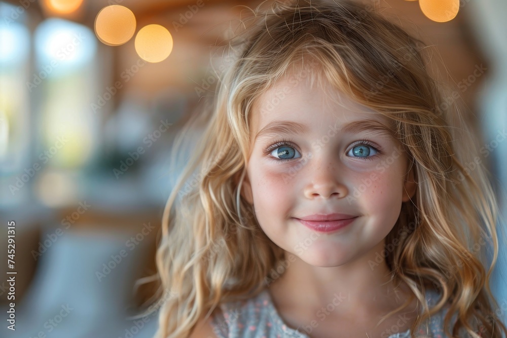 A young girl with curly blonde hair and bright blue eyes smiling softly at the camera A young girl with curly blonde hair and bright blue eyes smiling softly at the camera