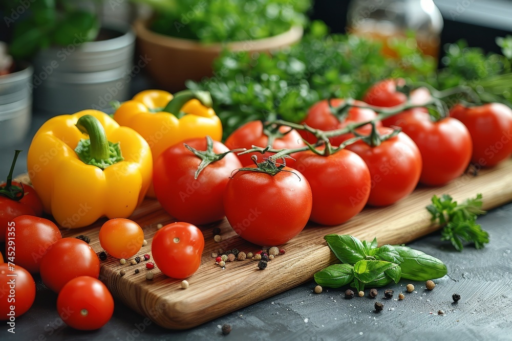 Vibrant, fresh tomatoes and bell peppers arranged on a wooden chopping board, indicative of healthy eating and culinary arts