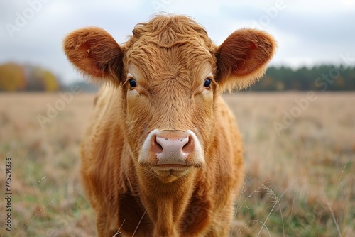 A soft-focused, gentle brown cow gazes directly into the camera, standing in a misty, open field © Pinklife