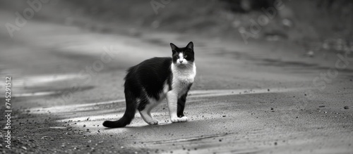 A black and white cat is seen standing on the side of a road, with a dirty background. The feline appears to be grooming itself.