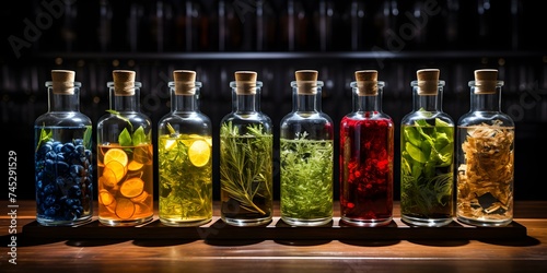 Assorted Bottles of Bitters and Infusions Displayed on a Bar. Concept Cocktail Ingredients, Mixology Showcase, Home Bar Decor, Artisanal Drinks Display, Bartender Essentials