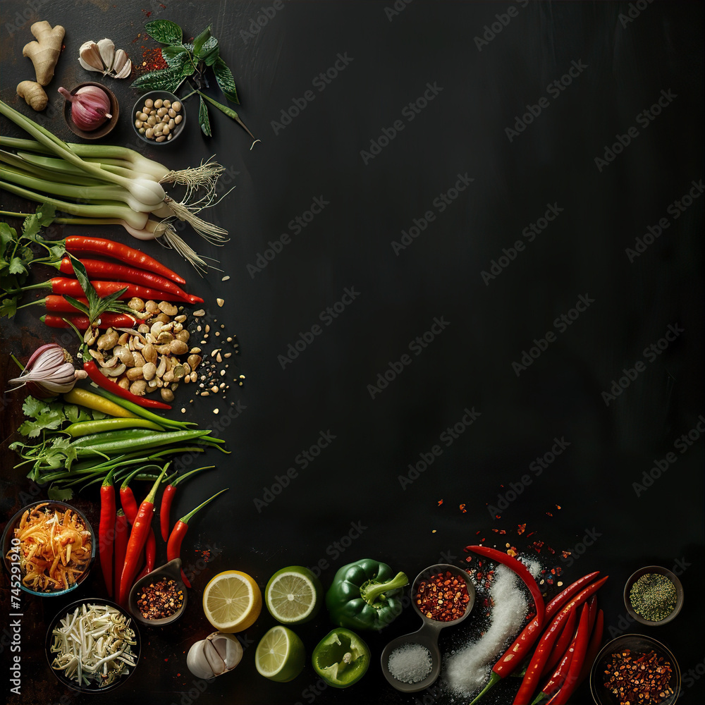 Exotic Flavors Unveiled: Thai Cuisine Essentials with Fresh Lemongrass, Spicy Chillies, and Coconut on a Professional Chef's Worktop, Inviting a Taste of Asia.