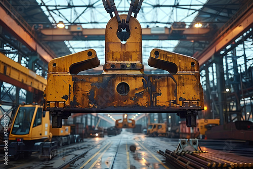 A Massive Overhead Crane Hook Suspended in Mid-Air at a Bustling Industrial Site, Symbolizing the Power of Heavy Machinery
 photo