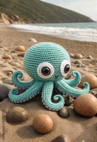Knitted from wool cute octopus on the seashore, Japanese art - amigurumi © Павел Абрамов
