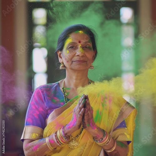 Mujer mayor india en sari disfrutando del festival holi photo