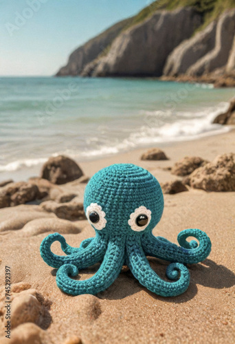 Knitted from wool cute octopus on the seashore, Japanese art - amigurumi © Павел Абрамов