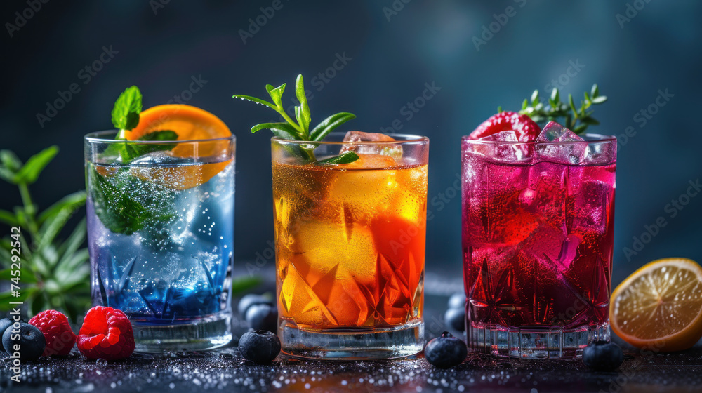 refreshment fruit cocktails with vibrant garnishes, set against a backdrop of lush tropical foliage and scattered ice cubes. refreshment fruit cocktails with vibrant garnishes, set against a backdrop of lush tropical foliage and scattered ice cubes.