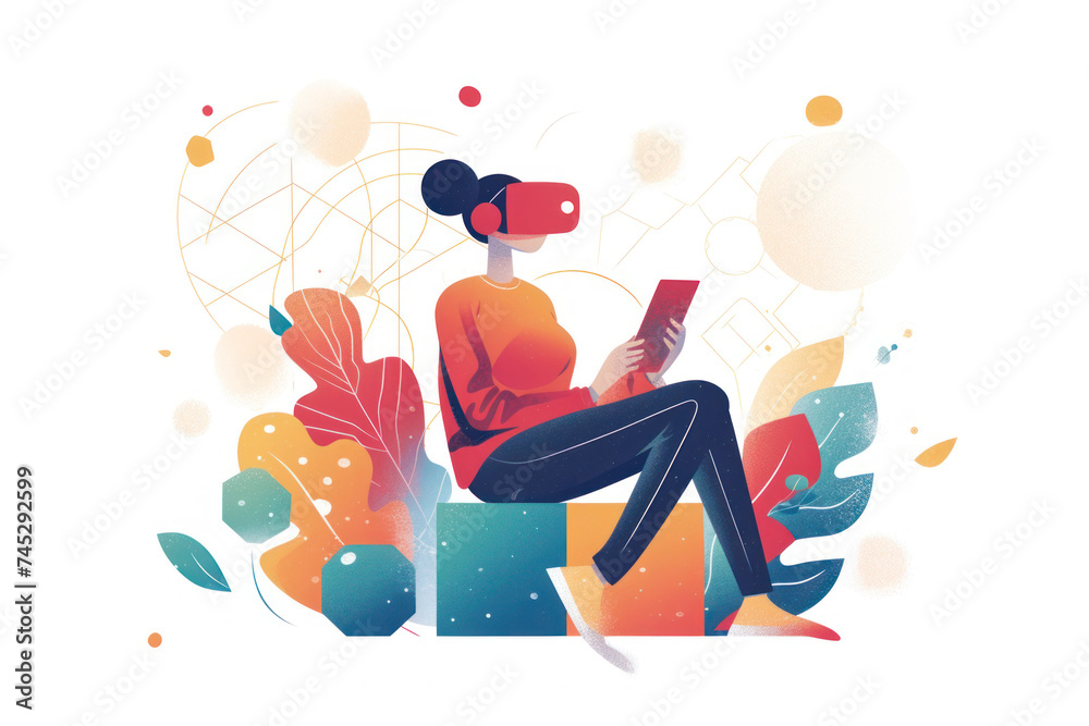 Engrossed woman exploring vibrant digital space through VR technology. Engrossed woman exploring vibrant digital space through VR technology.