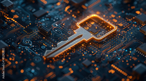 A conceptual image showcasing a glowing golden key integrated into a complex circuit board, representing cybersecurity, encryption, and access in the digital age photo
