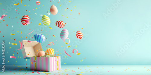 colorful easter eggs flying out of a gift box on a light blue background, beautiful Banner with copy space