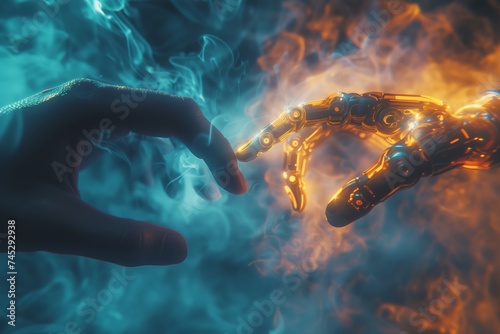 Human hand and robotic counterpart approach each other against a fiery backdrop, evoking the theme of human-machine synergy. Real and artificial fingers nearly touch, surrounded by ethereal blue smoke