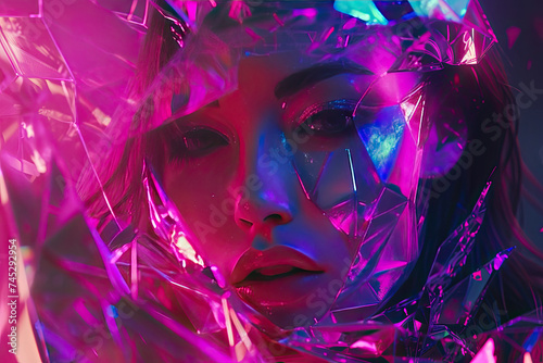 Woman With Purple and Blue Makeup Surrounded by Pink Foil