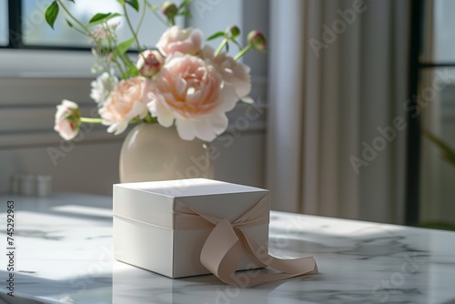 Elegant gift box on a marble surface, silk ribbon loosely tied, soft daylight accentuating its simplicity and grace. satin bow untied, on polished stone counter, embodying understated sophistication.