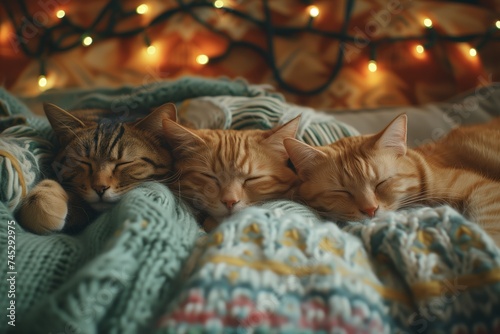 Content felines slumbering peacefully on a comfy blanket, amidst a fairy light ambience, embodying tranquility. Snoozing cats, wrapped in a woven throw, in the soft luminescence of string lights