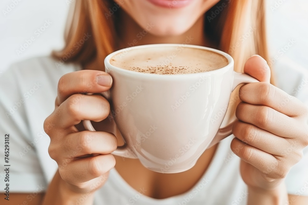 Close-up of hands holding a steaming mug, the frothy surface hinting at the rich flavor of a well-prepared cappuccino, ready to be savored. Warm hands cradle a hot coffee cup, its creamy froth topping Close-up of hands holding a steaming mug, the frothy surface hinting at the rich flavor of a well-prepared cappuccino, ready to be savored. Warm hands cradle a hot coffee cup, its creamy froth topping