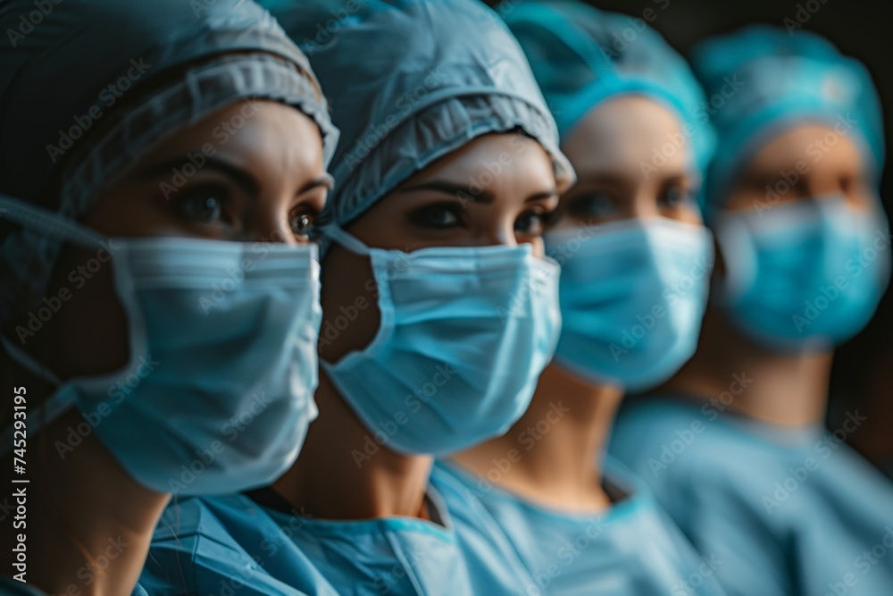 Surgeons in a line with sharp focus, ready in the operating room, their eyes speaking volumes of their expertise and the gravity of their task. .In vorderly formation, medical staff Surgeons in a line with sharp focus, ready in the operating room, their eyes speaking volumes of their expertise and the gravity of their task. .In vorderly formation, medical staff